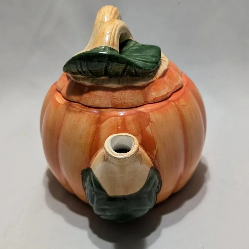 Vintage Ceramic Pumpkin Teapot with Lid and Leaf Detail  Beautiful